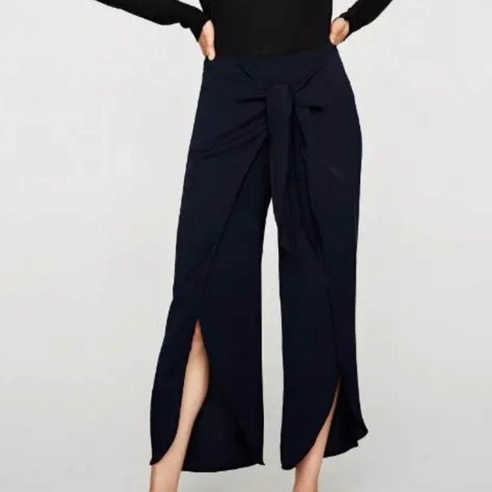 Zara Navy Blue Crop Layered Ruffle Tie Pants